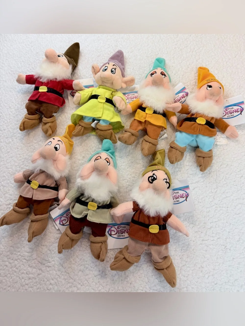 (VTG NWT) DISNEY • 1997 Complete Snow White Seven Dwarfs Plush Set w/ Bag